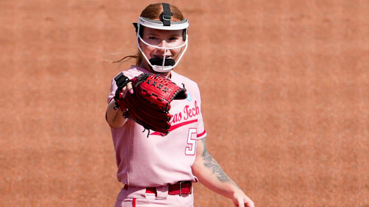 Texas Tech's Kaitlyn Terry gestures after a pitch against Marist during a game in the Lubbock Regional of the NCAA Division I softball tournament, Friday, May 15, 2026, at Tracy Sellers Field.