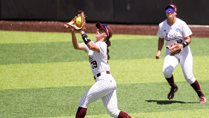 Mississippi State's Sierra Sacco makes a catch against Texas Tech in the Lubbock Regional championship game of the 2025 NCAA softball tournament, Sunday, May 18, 2025, at Rocky Johnson Field.