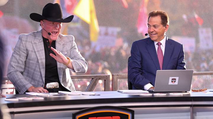 ESPN personality Pat McAfee talks during College GameDay with Nick Saban looking on Saturday, Nov. 8, 2025 at Jones AT&T Stadium in Lubbock, Texas.