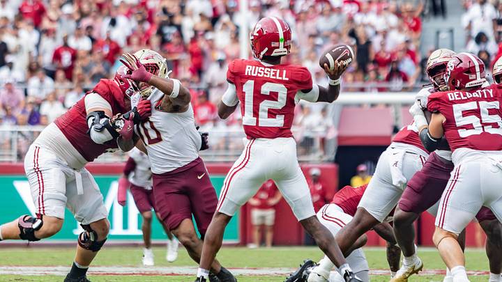 Alabama Quarterback Keelon Russell throws the ball in the first half of the game against FSU on Sept 19, 2026. Alabama Quarterback Keelon Russell throws the ball in the first half of the game against FSU on Sept 19, 2026.
