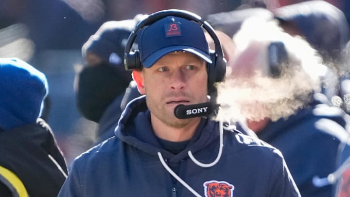 Dec 14, 2025; Chicago, Illinois, USA; Chicago Bears head coach Ben Johnson walks along the sideline during the first quarter against the Cleveland Browns at Soldier Field. Mandatory Credit: David Banks-Imagn Images