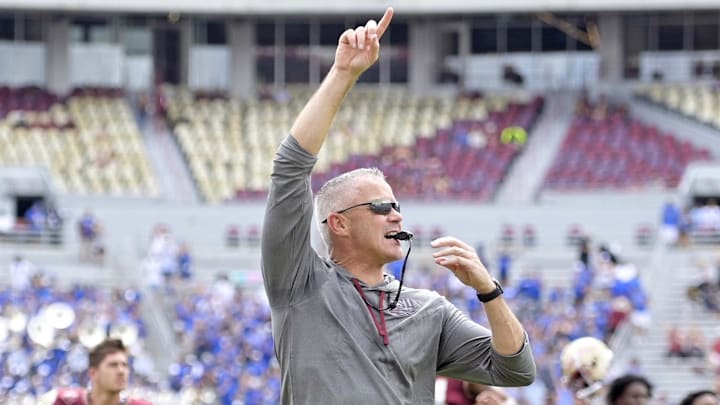 Sep 14, 2024; Tallahassee, Florida, USA; Florida State Seminoles head coach Mike Norvell before a game against the Memphis Tigers at Doak S. Campbell Stadium. Mandatory Credit: Melina Myers-Imagn Images