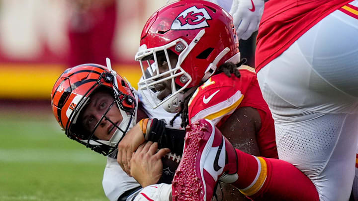 Cincinnati Bengals quarterback Joe Burrow (9) is sacked in the fourth quarter of the NFL Week 2 game between the Kansas City Chiefs and the Cincinnati Bengals at Arrowhead Stadium in Kansas City on Sunday, Sept. 15, 2024. The Chiefs took a 26-25 win with a go-ahead field goal as time expired.