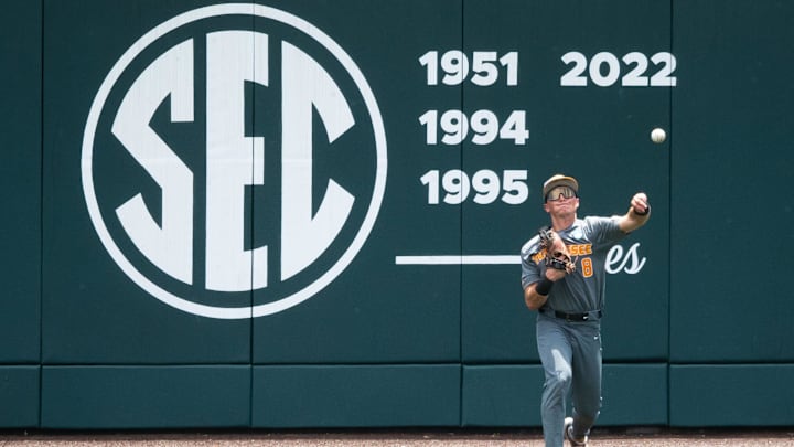 Tennessee's Dylan Dreiling (8) throws the ball to the infield during game two of the NCAA baseball tournament Knoxville Super Regional between Tennessee and Evansville held at Lindsey Nelson Stadium on Saturday, June 8, 2024.