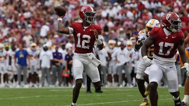 Alabama Quarterback Keelon Russell (12) in action against Eastern Carolina University at Bryant-Denny Stadium in Tuscaloosa, AL on Saturday, Sep 5, 2026. Alabama Quarterback Keelon Russell (12) in action against Eastern Carolina University at Bryant-Denny Stadium in Tuscaloosa, AL on Saturday, Sep 5, 2026.