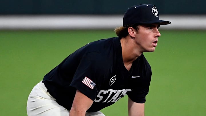 Vanderbilt shortstop Brodie Johnston (9) plays during the first inning of an NCAA college baseball fall intrasquad game at Hawkins Field Tuesday, Oct. 22, 2024, in Nashville, Tenn.