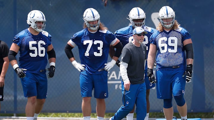 Indianapolis Colts offensive line coach Chris Strausser works with his players during the Colts mandatory minicamp at the Colts Complex on Wednesday, June 12, 2019.
Colts Minicamp Indianapolis Colts offensive line coach Chris Strausser works with his players during the Colts mandatory minicamp at the Colts Complex on Wednesday, June 12, 2019.
Colts Minicamp