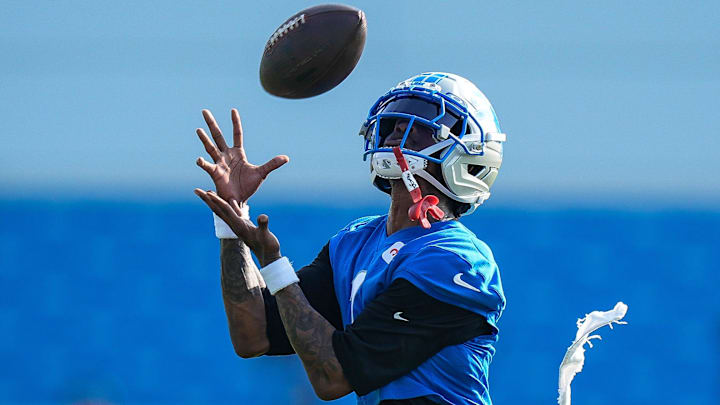 Detroit Lions wide receiver Jameson Williams (1) practices during training camp at Meijer Performance Center in Allen Park on Thursday, July 24, 2025.