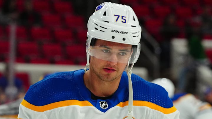 Dec 2, 2023; Raleigh, North Carolina, USA;  Buffalo Sabres defenseman Connor Clifton (75) skates