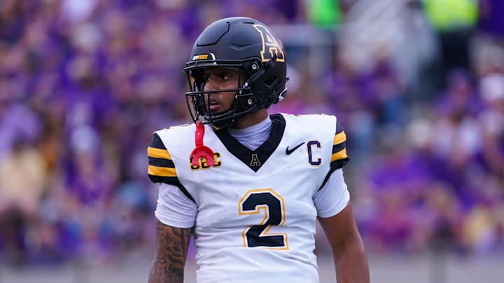 Sep 14, 2024; Greenville, North Carolina, USA;  Appalachian State Mountaineers wide receiver Kaedin Robinson (2) looks on against the East Carolina Pirates during the first half at Dowdy-Ficklen Stadium. Mandatory Credit: James Guillory-Imagn Images