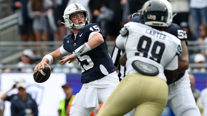 Penn State Nittany Lions quarterback Drew Allar (15) throws a pass during the third quarter against the FIU Panthers at Beaver Stadium. 