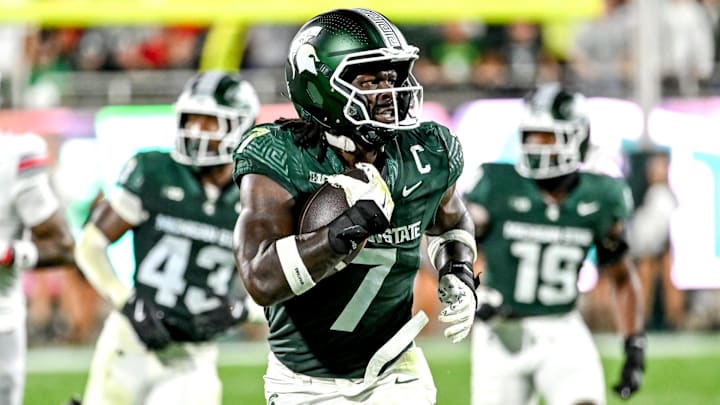 Michigan State's Jordan Turner returns an interception against Ohio State during the second quarter on Saturday, Sept. 28, 2024, at Spartan Stadium in East Lansing.