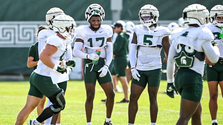 Michigan State linebackers Semaj Bridgeman, left, and Jordan Hall look on during football practice on Monday, Aug. 11, 2025, in East Lansing.