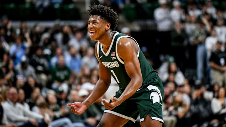 Michigan State's Jeremy Fears Jr. signals to bring it on to Niagara after a score during the first half on Thursday, Nov. 7, 2024, at the Breslin Center in East Lansing. Michigan State's Jeremy Fears Jr. signals to bring it on to Niagara after a score during the first half on Thursday, Nov. 7, 2024, at the Breslin Center in East Lansing.