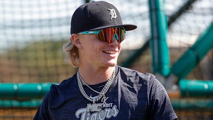 Detroit Tigers outfielder prospect Max Clark works out during spring training at TigerTown in Lakeland, Fla. on Thursday, Feb. 22, 2024.