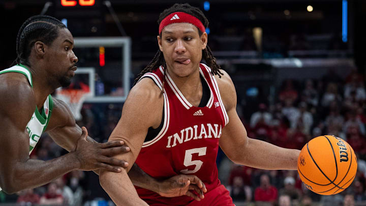 Indiana's Malik Reneau (5) drives against Oregon in the Big Ten Tournament at Gainbridge Fieldhouse in Indianapolis.