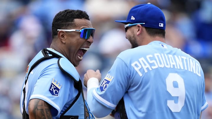 Apr 2, 2026; Kansas City, Missouri, USA; Kansas City Royals designated hitter Salvador Perez (13) talks with first baseman Vinnie Pasquantino (9) during the fifth inning against the Minnesota Twins at Kauffman Stadium. Mandatory Credit: Jay Biggerstaff-Imagn Images