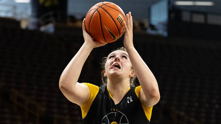 Iowa center Layla Hays (12) shoots the basketball during practice June 25, 2026 at Carver-Hawkeye Arena in Iowa City, Iowa.