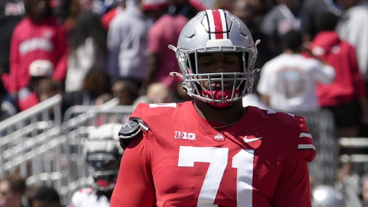 April 13, 2024; Columbus, Ohio, USA;
Ohio State Buckeyes offensive tackle Josh Simmons (71) competes during the first half of the LifeSports spring football game at Ohio Stadium on Saturday. April 13, 2024; Columbus, Ohio, USA;
Ohio State Buckeyes offensive tackle Josh Simmons (71) competes during the first half of the LifeSports spring football game at Ohio Stadium on Saturday.