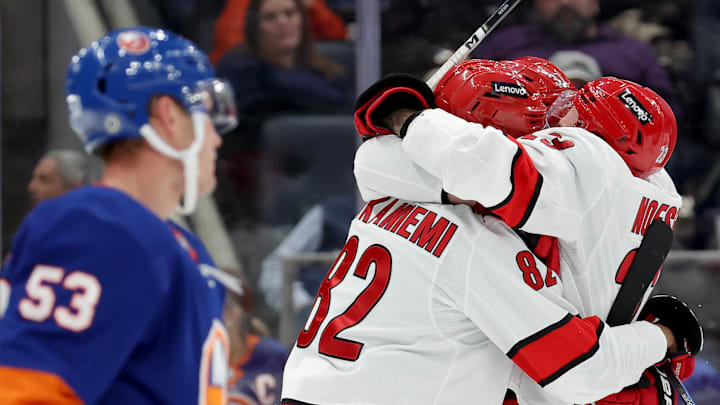 Nov 4, 2023; Elmont, New York, USA; Carolina Hurricanes center Jesperi Kotkaniemi (82) celebrates