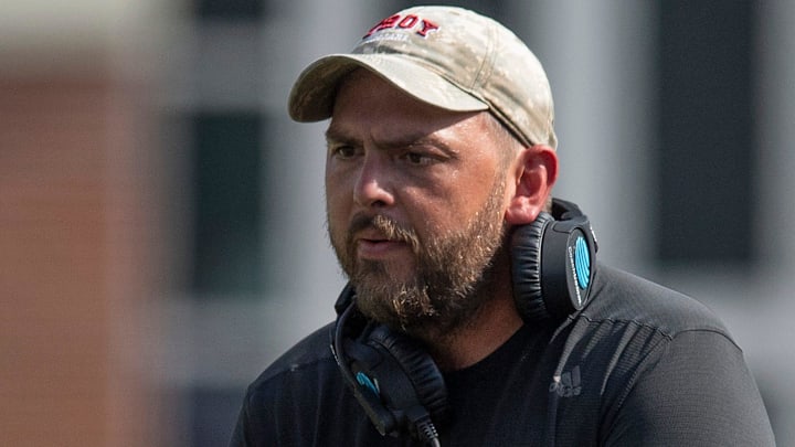 Troy linebackers coach Andrew Warwick as Troy University holds a football scrimmage on campus in Troy, Ala., on Saturday August 10, 2019.