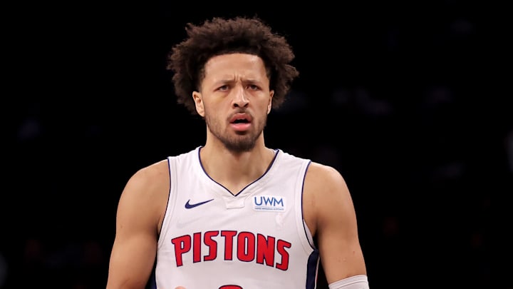 Dec 23, 2023; Brooklyn, New York, USA; Detroit Pistons guard Cade Cunningham (2) reacts during the fourth quarter against the Brooklyn Nets at Barclays Center. 