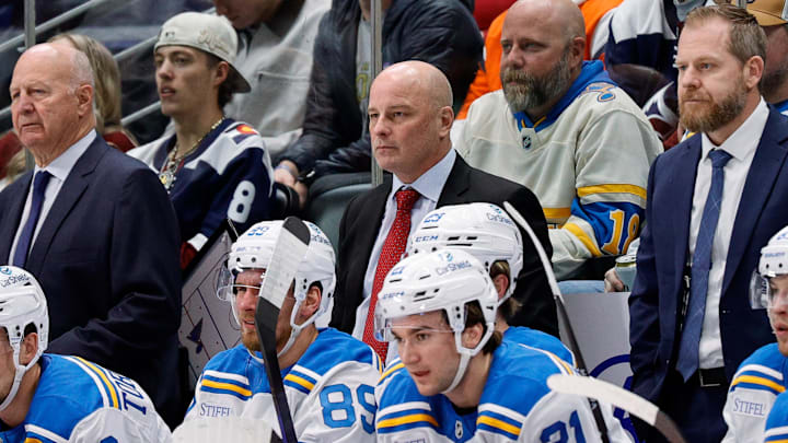 Dec 31, 2025; Denver, Colorado, USA; St. Louis Blues head coach Jim Montgomery in the first period against the Colorado Avalanche at Ball Arena. Mandatory Credit: Isaiah J. Downing-Imagn Images