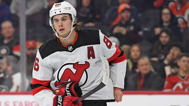 Jan 27, 2025; Philadelphia, Pennsylvania, USA; New Jersey Devils center Jack Hughes (86) against the Philadelphia Flyers at Wells Fargo Center. Mandatory Credit: Eric Hartline-Imagn Images