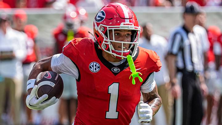 Sep 5, 2026; Athens, Georgia, USA; Georgia Bulldogs wide receiver Talyn Taylor (1) runs for a touchdown against the Tennessee State Tigers at Sanford Stadium. Mandatory Credit: Dale Zanine-Imagn Images