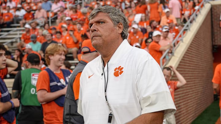 Clemson offensive line coach Matt Luke before the game with Clemson and Louisiana State University at Memorial Stadium in Clemson, S.C. Saturday, August 30, 2025.
