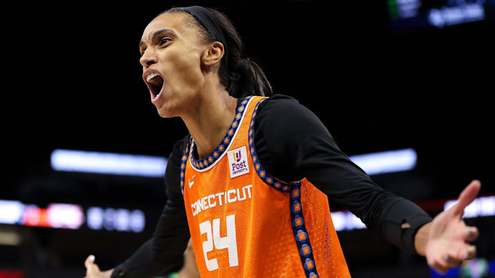 Oct 1, 2024; Minneapolis, Minnesota, USA; Connecticut Sun forward DeWanna Bonner (24) reacts during the second half of game two of the 2024 WNBA Semi-finals against the Minnesota Lynx at Target Center. Mandatory Credit: Matt Krohn-Imagn Images