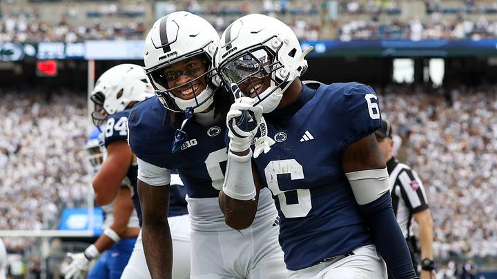 Penn State Nittany Lions wide receiver Koby Howard (6) celebrates after scoring a touchdown during the second quarter against the Buffalo Bulls at Beaver Stadium. Penn State Nittany Lions wide receiver Koby Howard (6) celebrates after scoring a touchdown during the second quarter against the Buffalo Bulls at Beaver Stadium.