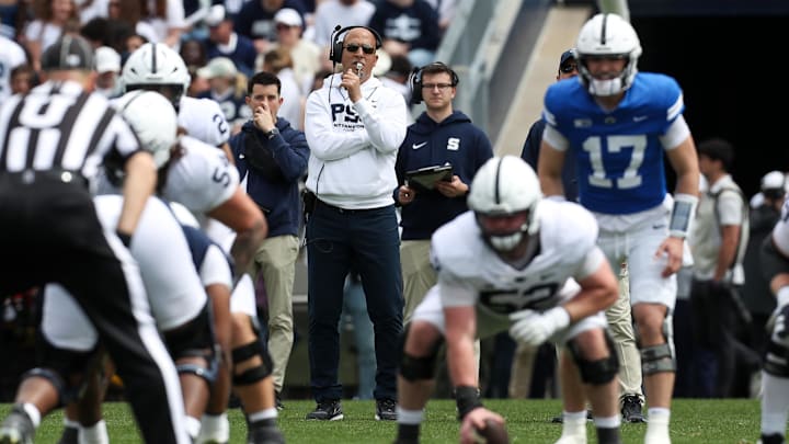 Penn State Nittany Lions head coach James Franklin watches from the backfield during the second quarter of the Blue-White spring game at Beaver Stadium. Penn State Nittany Lions head coach James Franklin watches from the backfield during the second quarter of the Blue-White spring game at Beaver Stadium.