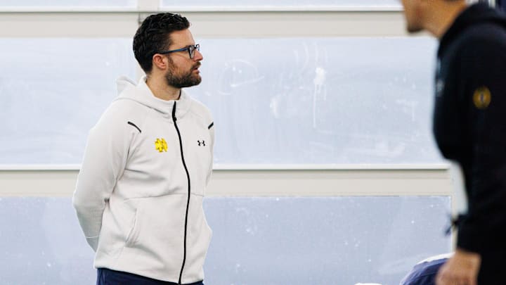 Notre Dame assistant athletics director Chad Bowden watches a Notre Dame football practice at Irish Athletic Center on Sunday, Jan. 5, 2025, in South Bend.