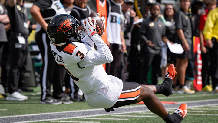 Oregon State Beavers wide receiver Taz Reddicks hauls in a reception as the Oregon Ducks host the Oregon State Beavers Sept. 20, 2025, at Autzen Stadium in Eugene, Oregon.