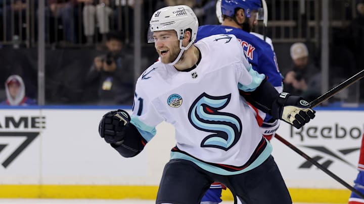 Jan 12, 2026; New York, New York, USA; Seattle Kraken center Shane Wright (51) celebrates his goal against the New York Rangers during the third period at Madison Square Garden. Mandatory Credit: Brad Penner-Imagn Images