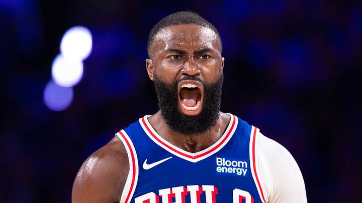 Oct 22, 2026; Philadelphia, Pennsylvania, USA; Philadelphia 76ers guard Jaylen Brown (7) reacts after a score against the Cleveland Cavaliers during the fourth quarter at Xfinity Mobile Arena. Mandatory Credit: Bill Streicher-Imagn Images