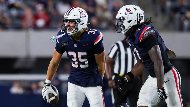 Sep 5, 2026; Tucson, Arizona, USA; Arizona Wildcats safety Quinn Olson (35) celebrates after a turnover against the Northern Arizona Lumberjacks during the third quarter at Casino Del Sol Stadium. Sep 5, 2026; Tucson, Arizona, USA; Arizona Wildcats safety Quinn Olson (35) celebrates after a turnover against the Northern Arizona Lumberjacks during the third quarter at Casino Del Sol Stadium.