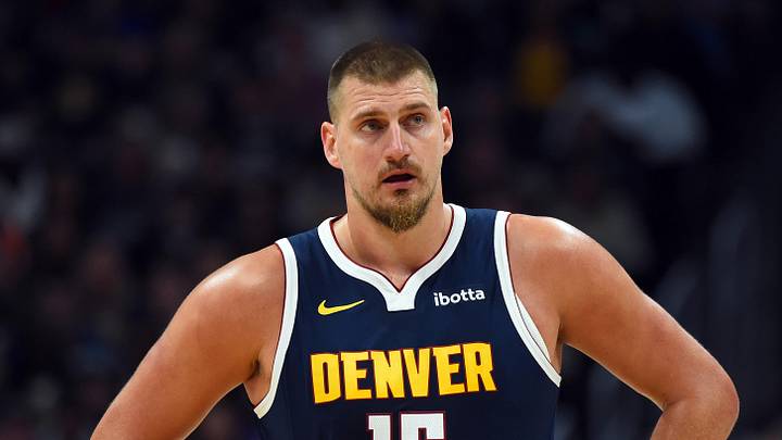 Oct 25, 2025; Denver, Colorado, USA; Denver Nuggets center Nikola Jokic (15) during the first half against the Phoenix Suns at Ball Arena.