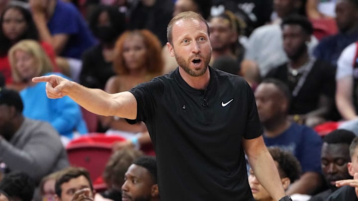 Jul 17, 2022; Las Vegas, NV, USA; Portland Trail Blazers Summer League head coach Steve Hetzel watches game action during the NBA Summer League Championship game against the New York Knicks at Thomas & Mack Center.  Mandatory Credit: Stephen R. Sylvanie-Imagn Images