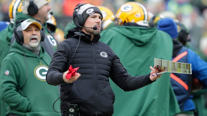 Green Bay Packers coach Matt LaFleur questions a call by the officials during the game against the Chicago Bears on Sunday, January 5, 2025, at Lambeau Field in Green Bay, Wisconsin.