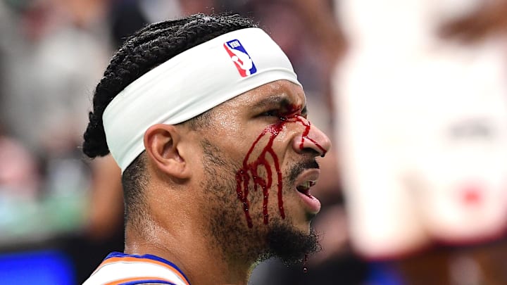 May 14, 2025; Boston, Massachusetts, USA; New York Knicks guard Josh Hart (3) is bloodied after taking an elbow to the eye in the first half during game five of the second round for the 2025 NBA Playoffs against the Boston Celtics at TD Garden. Mandatory Credit: Bob DeChiara-Imagn Images