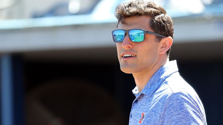 Mar 7, 2019; Port Charlotte, FL, USA; Tampa Bay Rays senior vice president of baseball operations Chaim Bloom looks on before a game against the Toronto Blue Jays at Charlotte Sports Park. Mandatory Credit: Kim Klement-Imagn Images