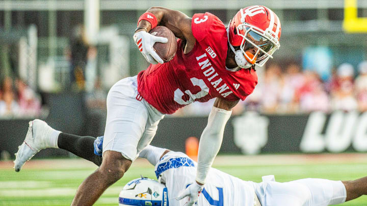 Indiana's Omar Cooper Jr. (3) during the Indiana versus Indiana State football game at Memorial Stadium on Friday, Sept. 12, 2025.