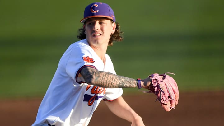 Clemson pitcher B.J. Bailey (13) pitches to Winthrop University during the top of the third inning at Doug Kingsmore Stadium in Clemson, S.C. Wednesday, February 25, 2025.