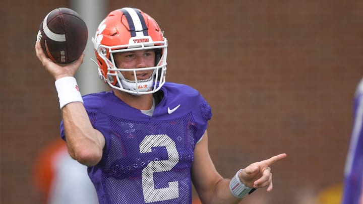 Clemson quarterback Cade Klubnik (2) passes during Spring Practice in Clemson, S.C. Monday, March 24, 2025.