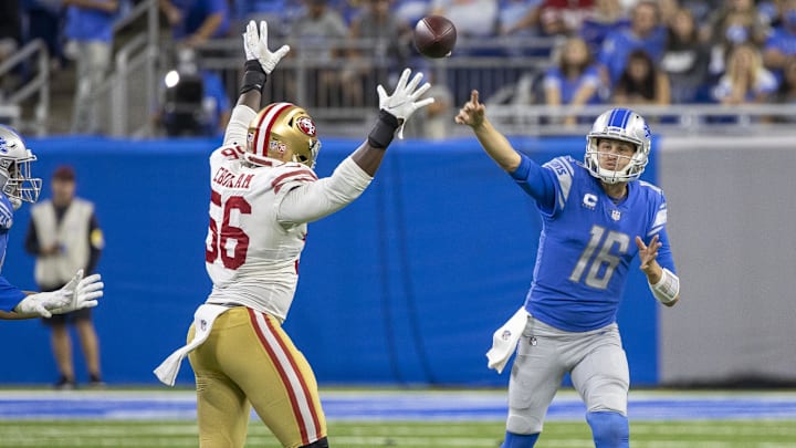 Sep 12, 2021; Detroit, Michigan, USA; Detroit Lions quarterback Jared Goff (16) throws the ball over