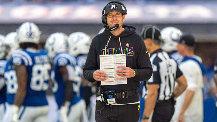 Oct 12, 2025; Indianapolis, Indiana, USA; Indianapolis Colts head coach Shane Steichen walks the sideline during the game against the Arizona Cardinals at Lucas Oil Stadium. Mandatory Credit: Mykal McEldowney-USA TODAY Network via Imagn Images Oct 12, 2025; Indianapolis, Indiana, USA; Indianapolis Colts head coach Shane Steichen walks the sideline during the game against the Arizona Cardinals at Lucas Oil Stadium. Mandatory Credit: Mykal McEldowney-USA TODAY Network via Imagn Images