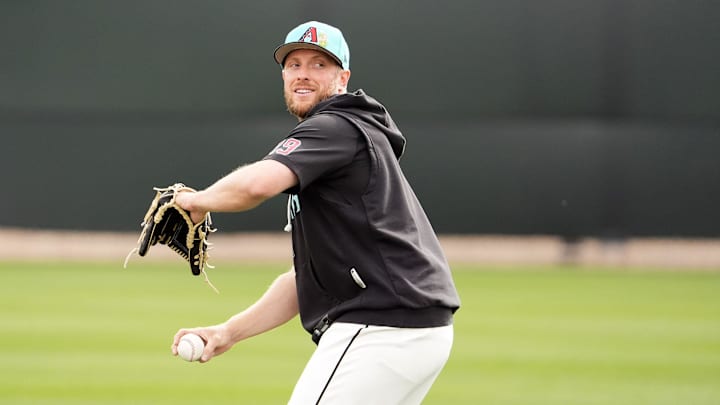 Arizona Diamondbacks pitcher Merrill Kelly (29) during spring training workouts at Salt River Fields on Feb. 16, 2026, in Scottsdale.