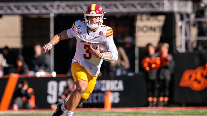 Iowa State Cyclones quarterback Rocco Becht (3) runs during the second half against the Oklahoma State Cowboys at Boone Pickens Stadium.
